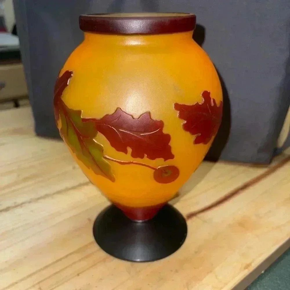 Autumn Cameo Glass Pedestal Vase Etched Carved Oak Leaf Acorns Vintage Teleflora
